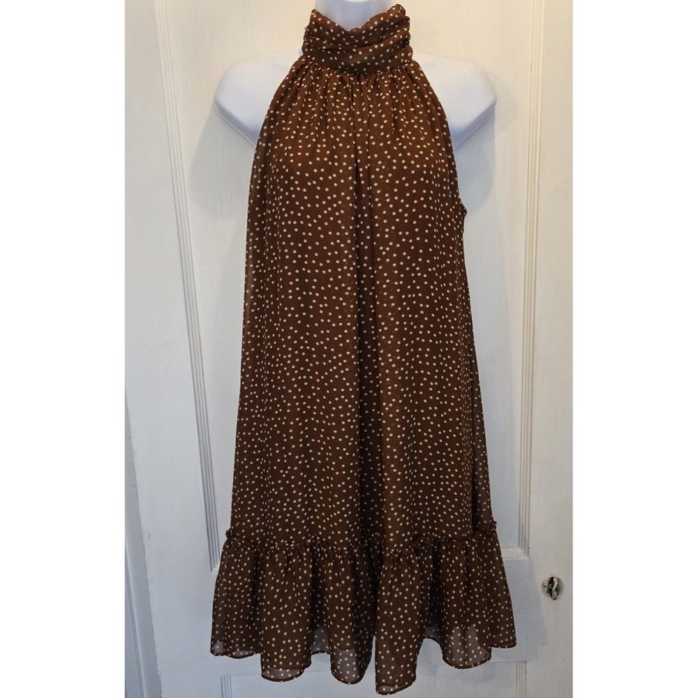 Just Taylor Knee Length Brown w/ White Polka Dots High Neck‎ Zip Back Dress  4